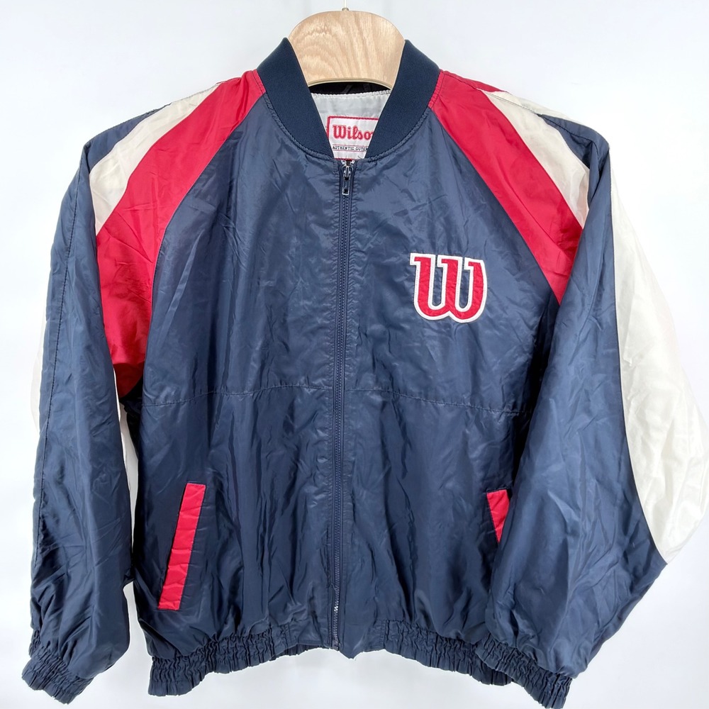 Vintage 90s Wilson Outerwear Nylon Windbreaker Jacket Mens XL Navy Red Spellout